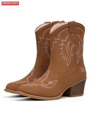 Faux Leather Pointed Toe Ankle Cowgirl Booties Western Short Boots Pull-On